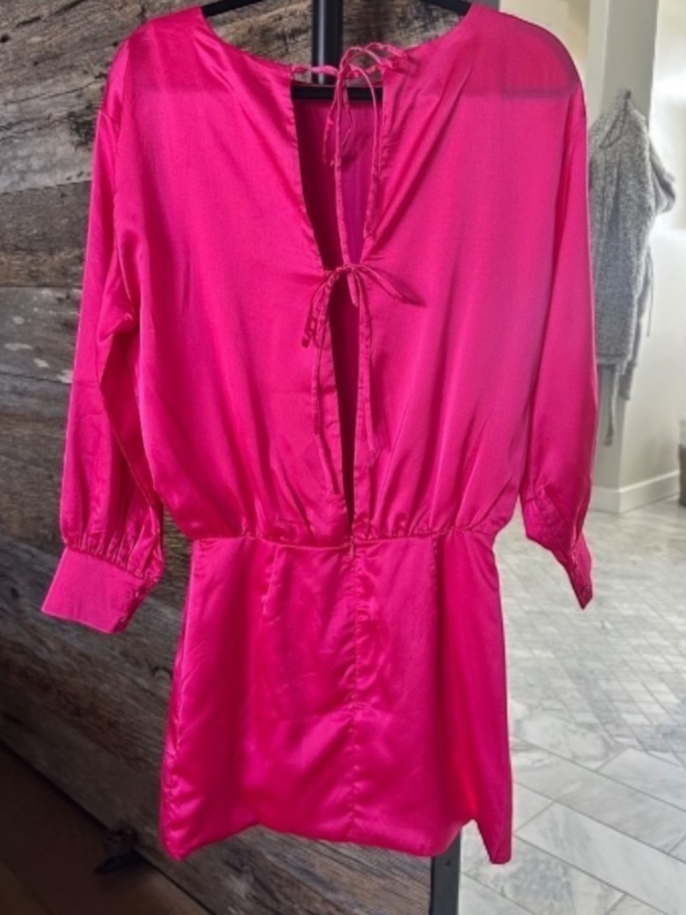 Lumiere Hot Pink Tie-Back Mini Dress – Long Sleeve Party Dress - Picture 11 of 13